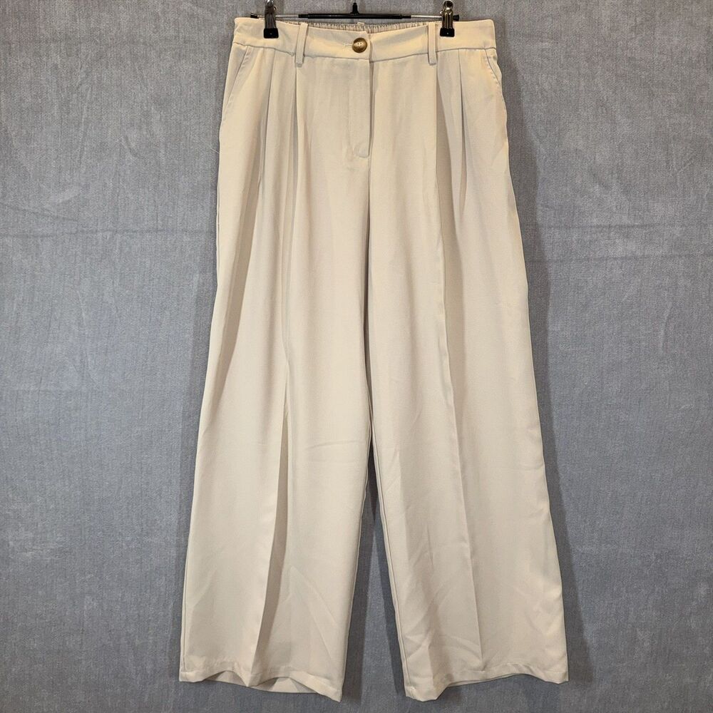 LILLUSORY Womens Wide Leg Dress Pants L Cream High Rise Pleated Palazzo